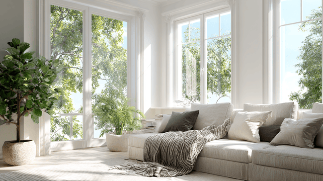 A bright, modern living room with pristine windows and a comfy sofa. This light-filled space would benefit from expert Irvine, CA window replacemen