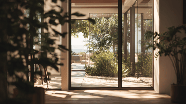 A stunning view through sleek windows to a lush patio and ocean beyond. For similar beauty, consider Huntington Beach, CA windows.