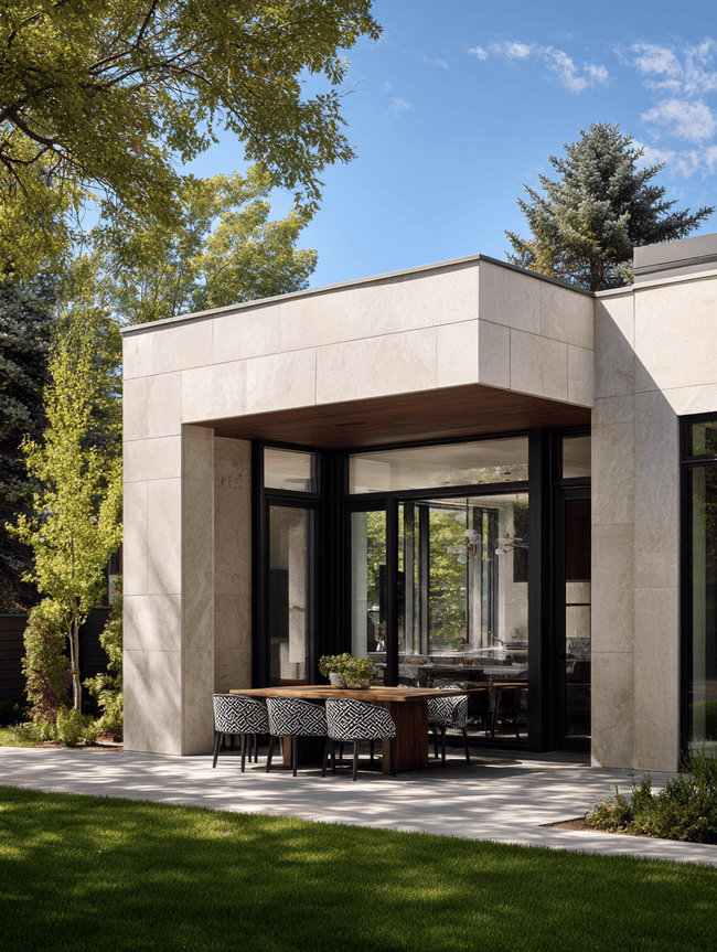 Modern stone home with black-framed Irvine, CA windows opening to an outdoor dining area, merging sleek architecture with a lush lawn.