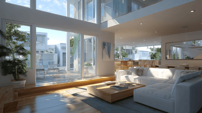 Spacious, sunlit modern interior with floor-to-ceiling windows and sliding doors opening to a patio. For a home like this, choose Huntington Beach