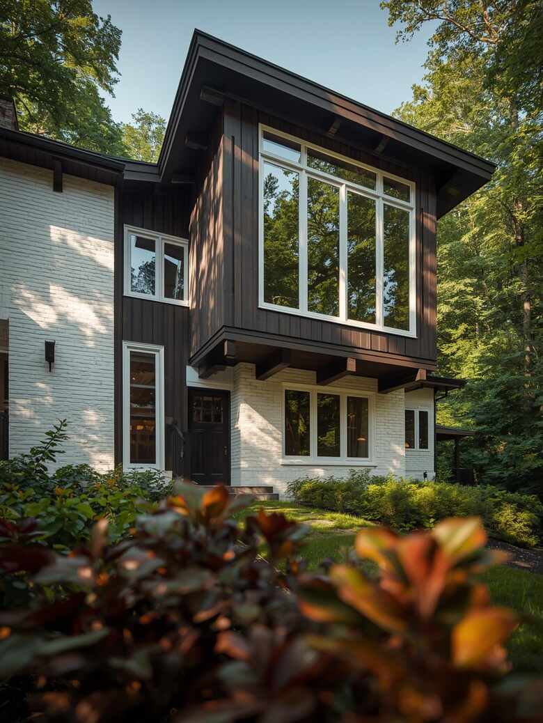 Custom transitional home exterior nestled in woods with dark siding and white painted brick Irvine CA windows