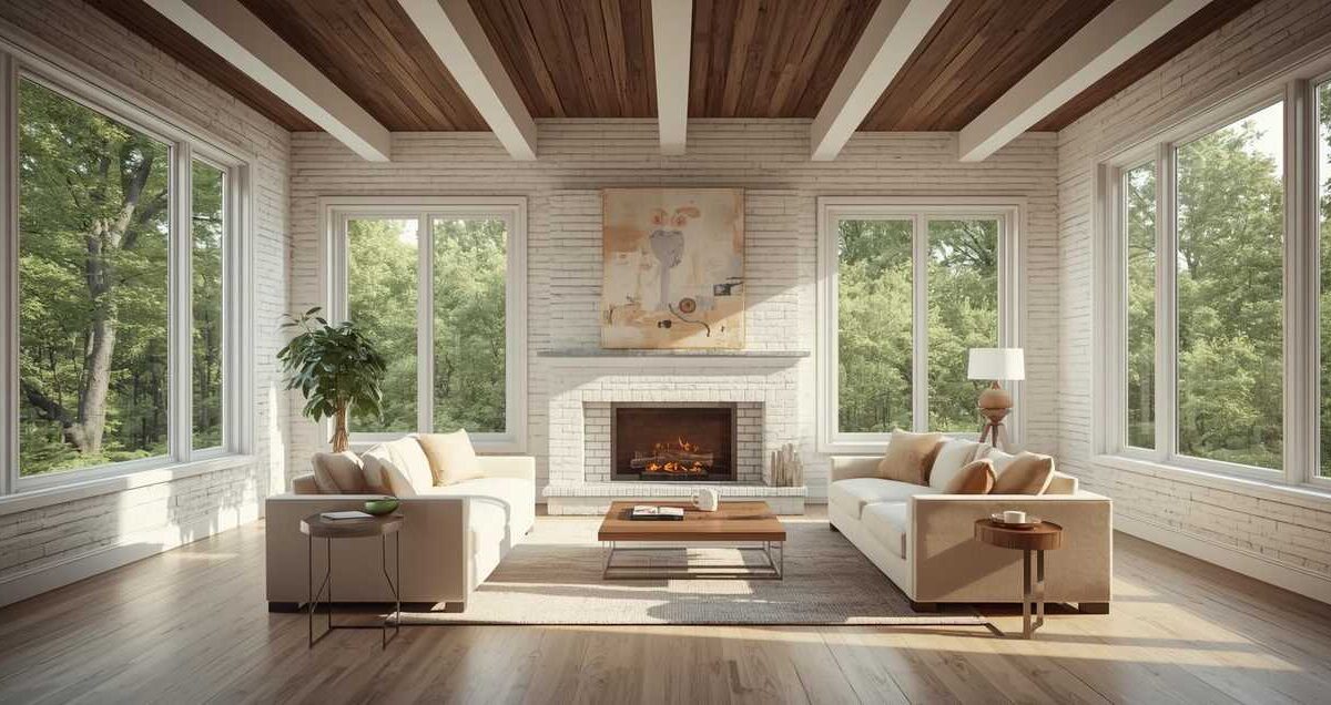 Modern living room with white painted brick walls wood ceiling beams fireplace and large Irvine CA windows overlooking lush forest