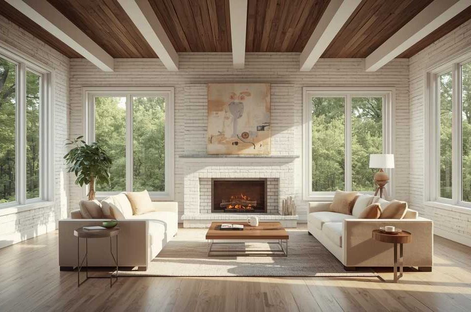 Modern living room with white painted brick walls wood ceiling beams fireplace and large Irvine CA windows overlooking lush forest