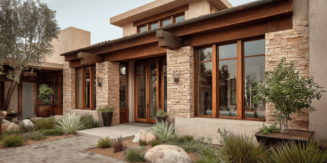 Exterior home design featuring wooden windows in Irvine California with stone accents