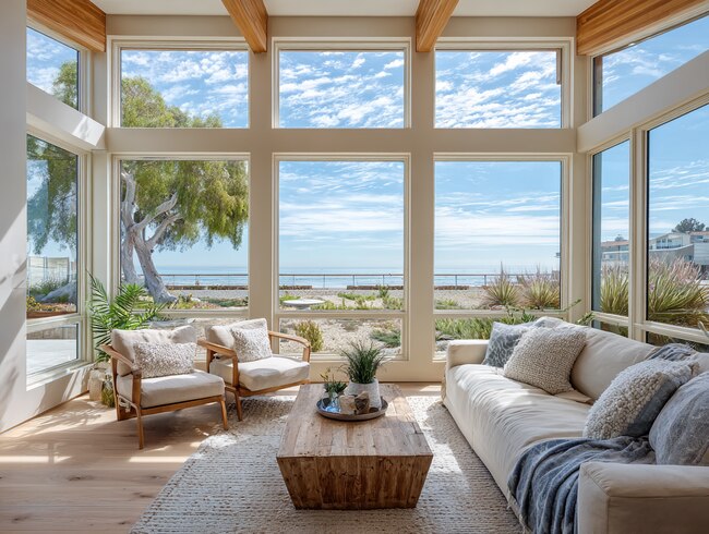 Floor-to-ceiling Huntington Beach, CA windows fill this beach house living room with abundant natural light.