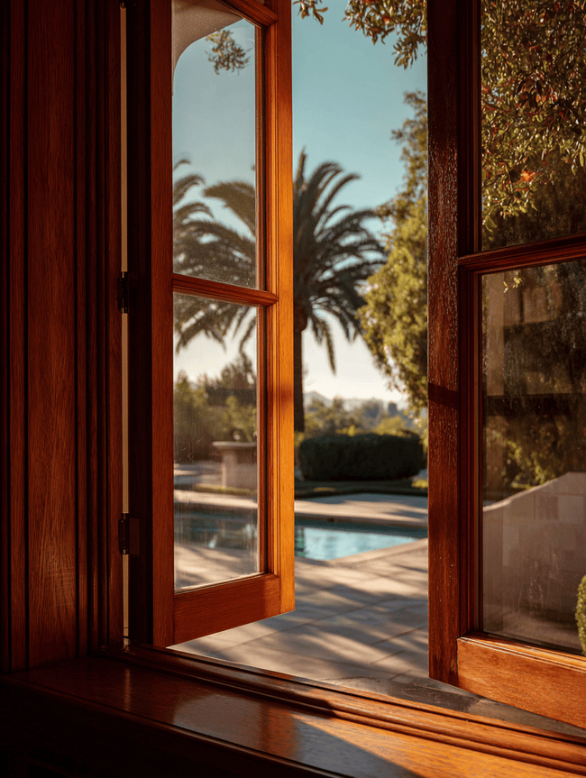 Interior view of wooden windows in Irvine California with natural light and outdoor scenery