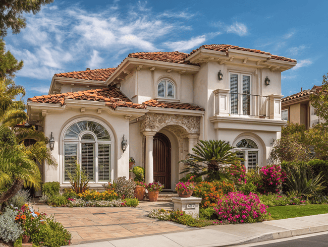 Mediterranean house with custom Huntington Beach, CA windows and arched frames featuring elegant white stucco exterior.