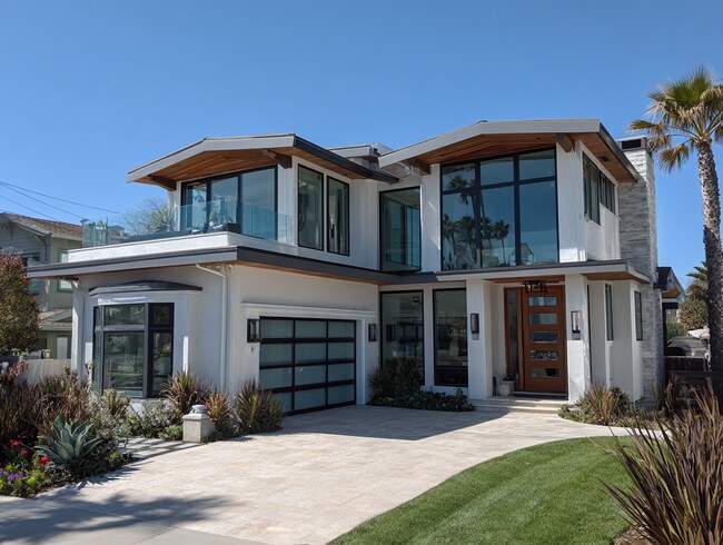 Premium Huntington Beach, CA windows on a white modern home featuring clean lines and tropical landscaping.