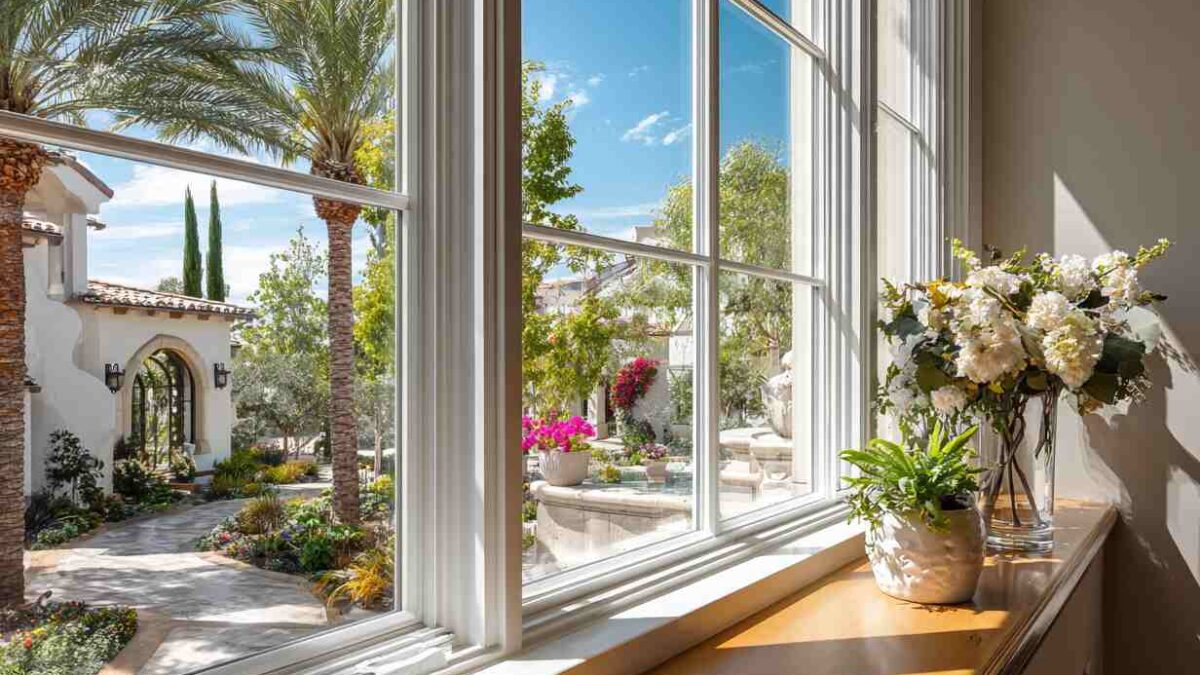 Modern high-efficiency Irvine, CA windows with sleek black frames, offering plenty of natural light and a garden view.