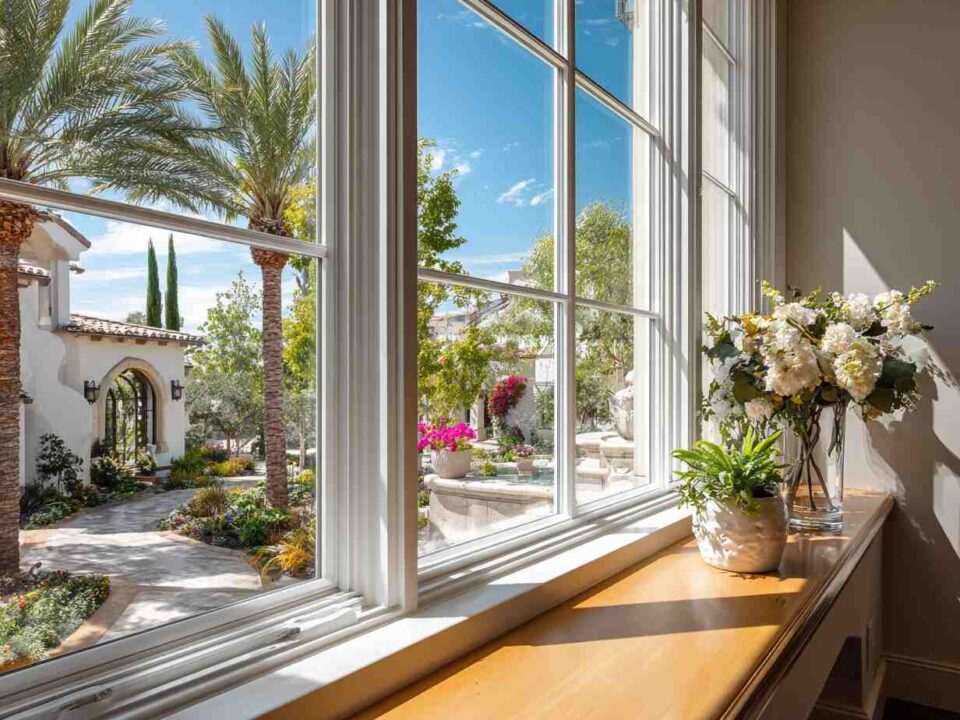 Modern high-efficiency Irvine, CA windows with sleek black frames, offering plenty of natural light and a garden view.
