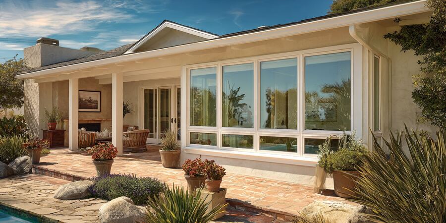 Modern home exterior with wide Huntington Beach, CA windows enhancing natural light and outdoor views.