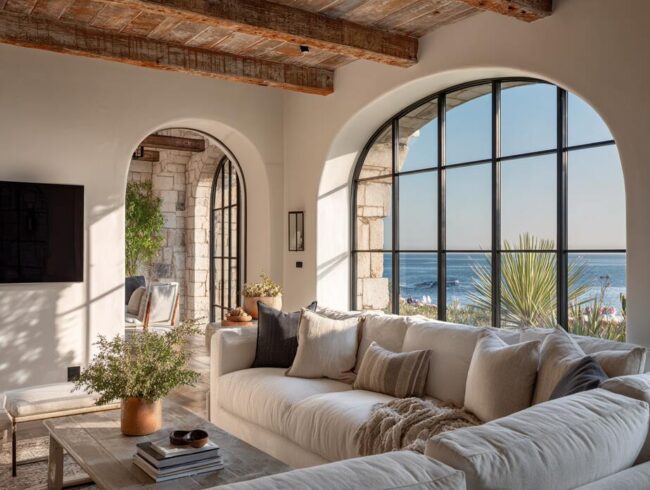 Elegant living room with arched glass panels highlighting Huntington Beach, CA windows for improved natural light and interior harmony