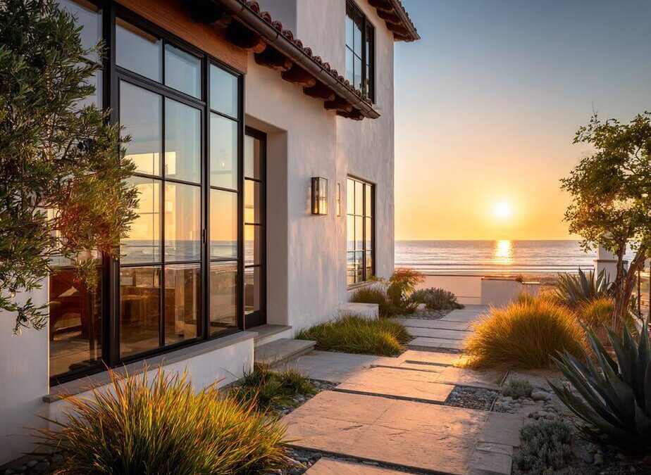 Modern coastal home exterior with large glass panels showcasing Huntington Beach, CA windows enhancing curb appeal and natural light