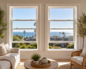 Bright coastal living room showcasing stylish and energy-efficient Huntington Beach, CA windows