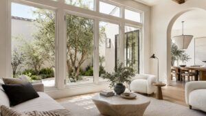 Bright modern living room featuring Irvine, CA window replacement for comfort and energy savings