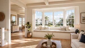 Bright living room featuring a large bay window and seating nook after window replacement in Huntington Beach