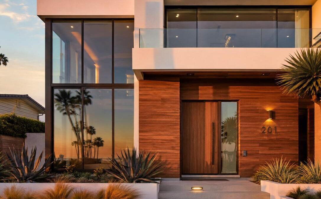 Modern Huntington Beach home featuring sleek aluminum windows and contemporary architectural design