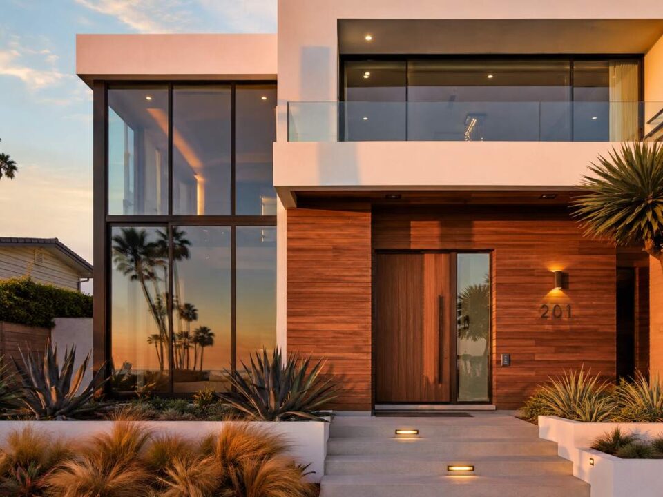 Modern Huntington Beach home featuring sleek aluminum windows and contemporary architectural design