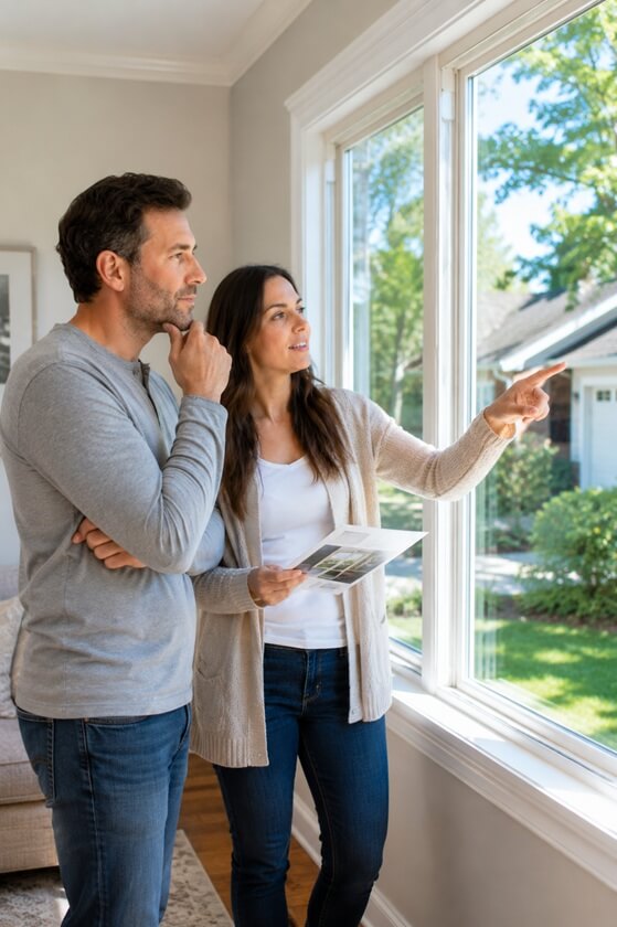 a couple discussing design options for replacement windows in Laguna Niguel, CA