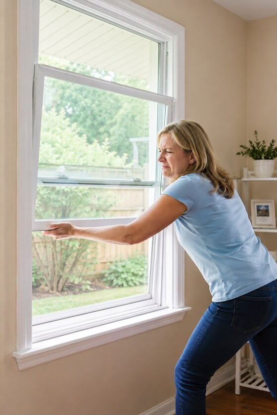 a woman struggling with hard-to-open-windows