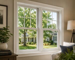 Classic double-hung replacement windows brightening a comfortable living room in Irvine, CA