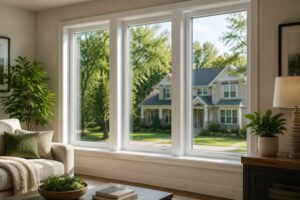 Bright living room with large energy-efficient replacement windows overlooking a residential neighborhood in Irvine, C