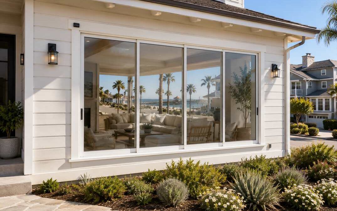 Coastal Huntington Beach, CA home featuring a large sliding picture window with expansive ocean views and abundant natural light.