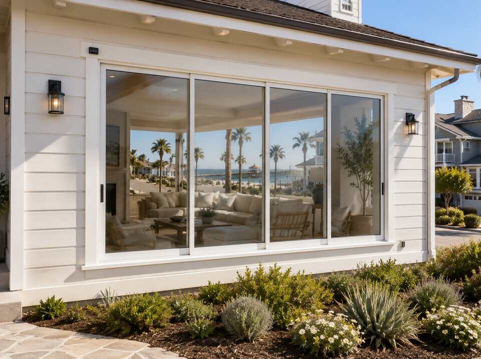 Coastal Huntington Beach, CA home featuring a large sliding picture window with expansive ocean views and abundant natural light.