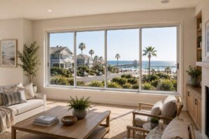 Spacious Huntington Beach, CA living room with a large sliding picture window overlooking palm trees, the beach, and ocean views.