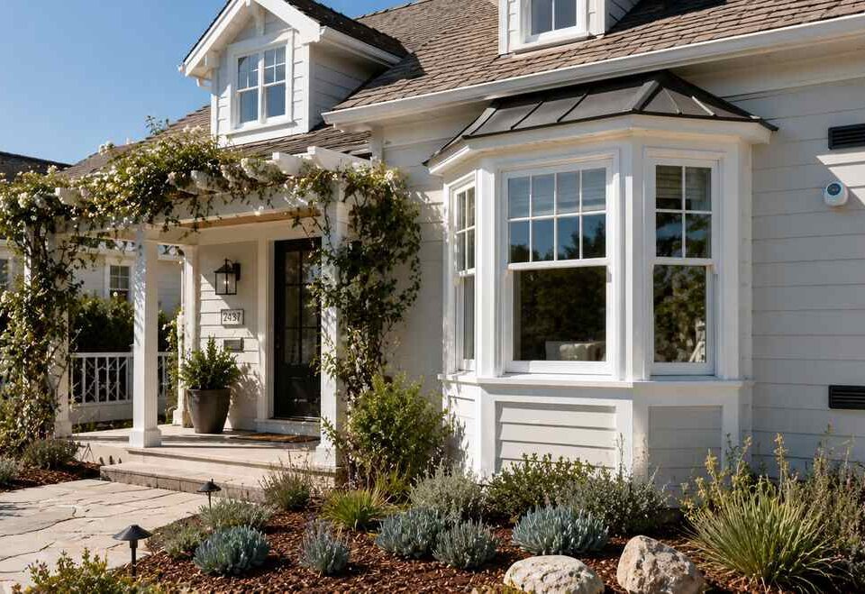 Modern coastal home with bay windows, smart ventilation sensors, and connected home technology in Huntington Beach, CA.