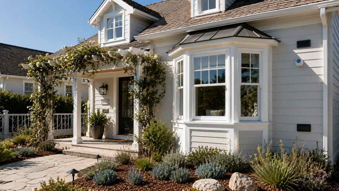Modern coastal home with bay windows, smart ventilation sensors, and connected home technology in Huntington Beach, CA.