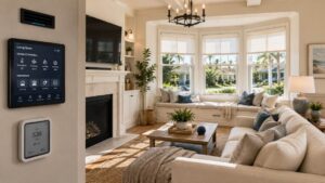 Smart home dashboard managing climate, CO₂, and ventilation beside bay windows in a bright Huntington Beach, CA living room.
