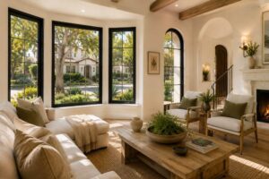 Bright living room with modern black replacement windows framing neighborhood views and filling the space with natural light. Select 82 more words to run Humanizer.