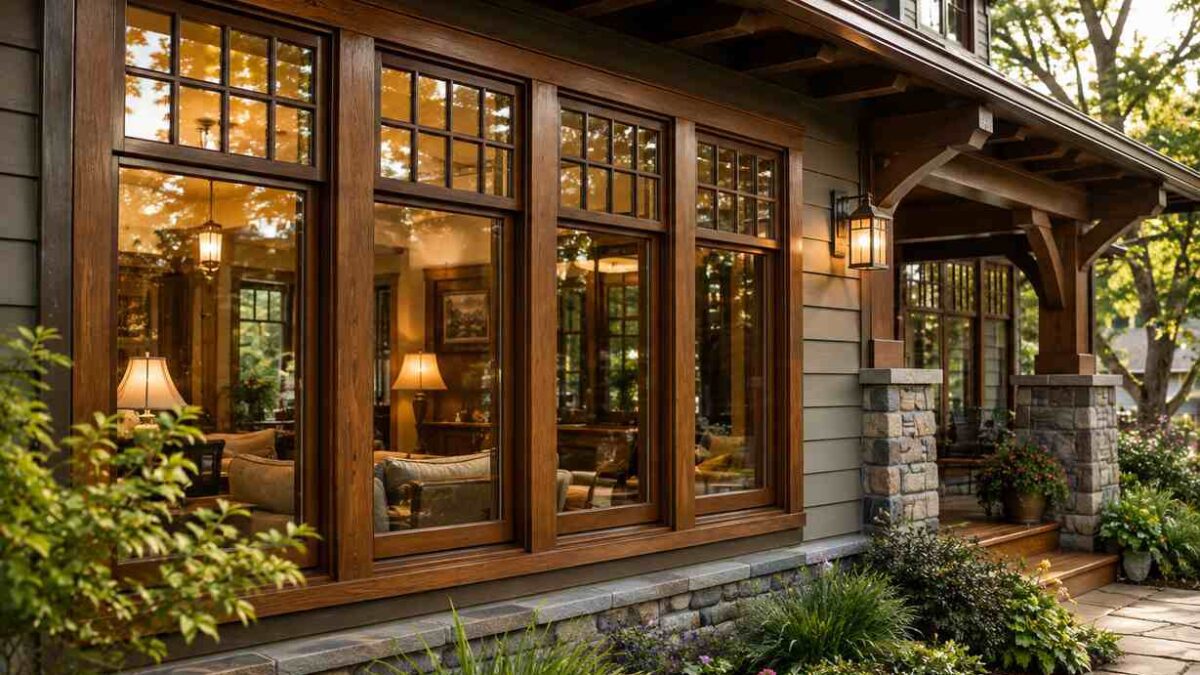 Craftsman home exterior with wood-framed windows.