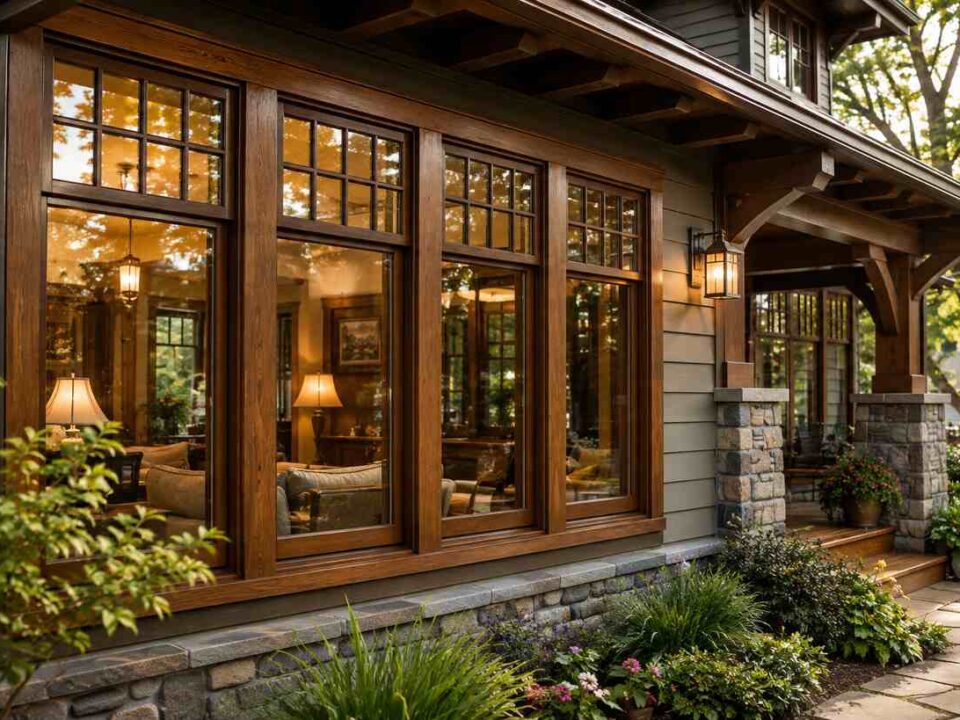 Craftsman home exterior with wood-framed windows.