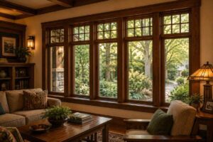 Living room with large Craftsman-style wood windows.