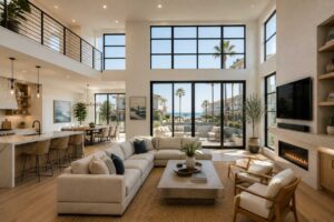Huntington Beach living room with large aluminum windows.