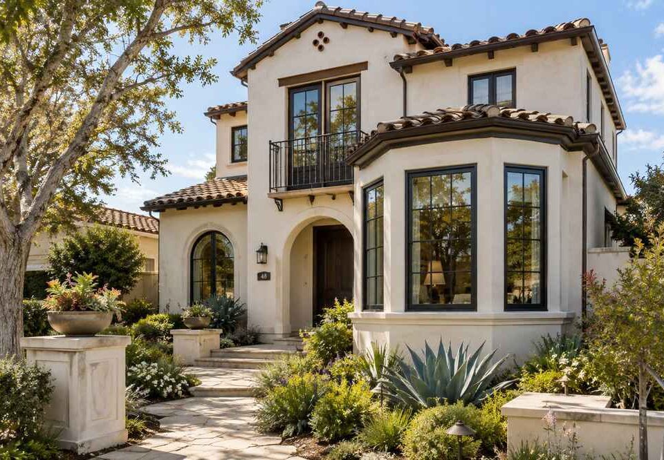 Mediterranean-style home featuring modern black replacement windows that enhance curb appeal and natural light.