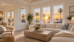 Bright coastal living room featuring Huntington Beach, CA windows with white frames and sunset ocean views
