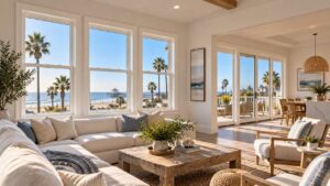 Bright coastal living room featuring white Huntington Beach, CA windows with palm trees and ocean views