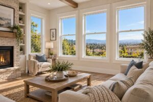 Bright living room featuring large white Irvine, CA windows overlooking a sunny residential landscape