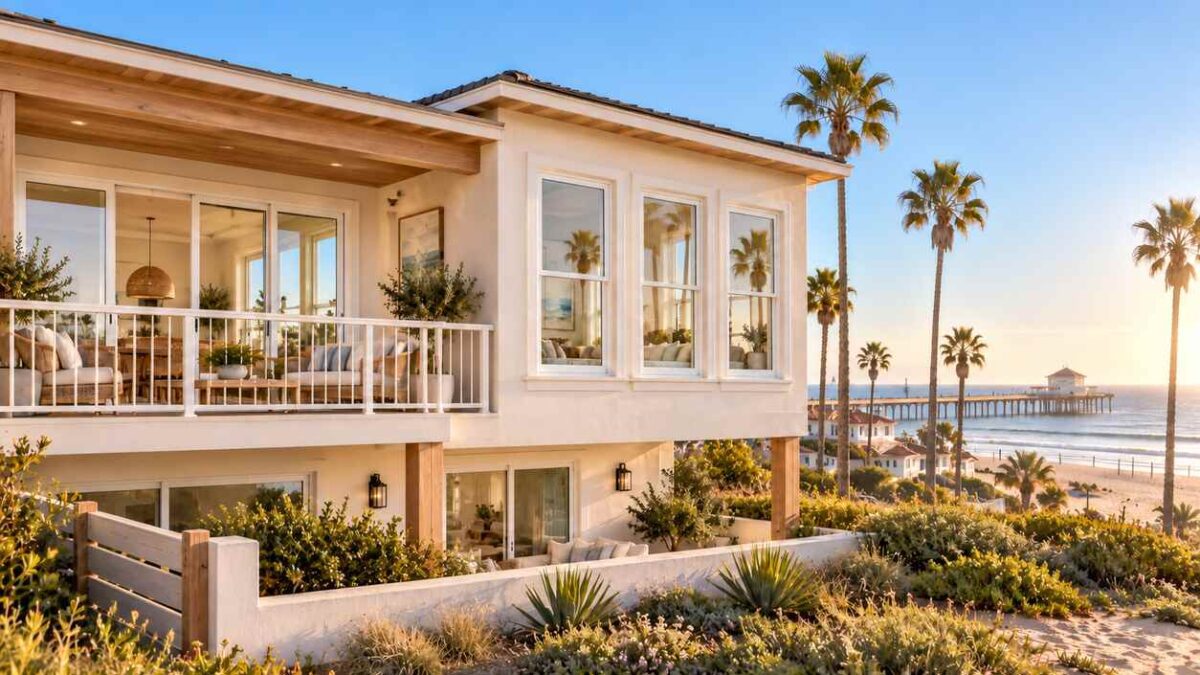 Coastal home exterior featuring white Huntington Beach, CA windows overlooking palm trees and the Pacific Ocean