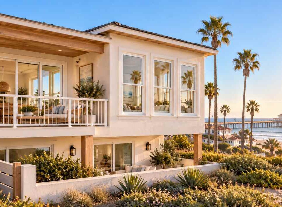 Coastal home exterior featuring white Huntington Beach, CA windows overlooking palm trees and the Pacific Ocean