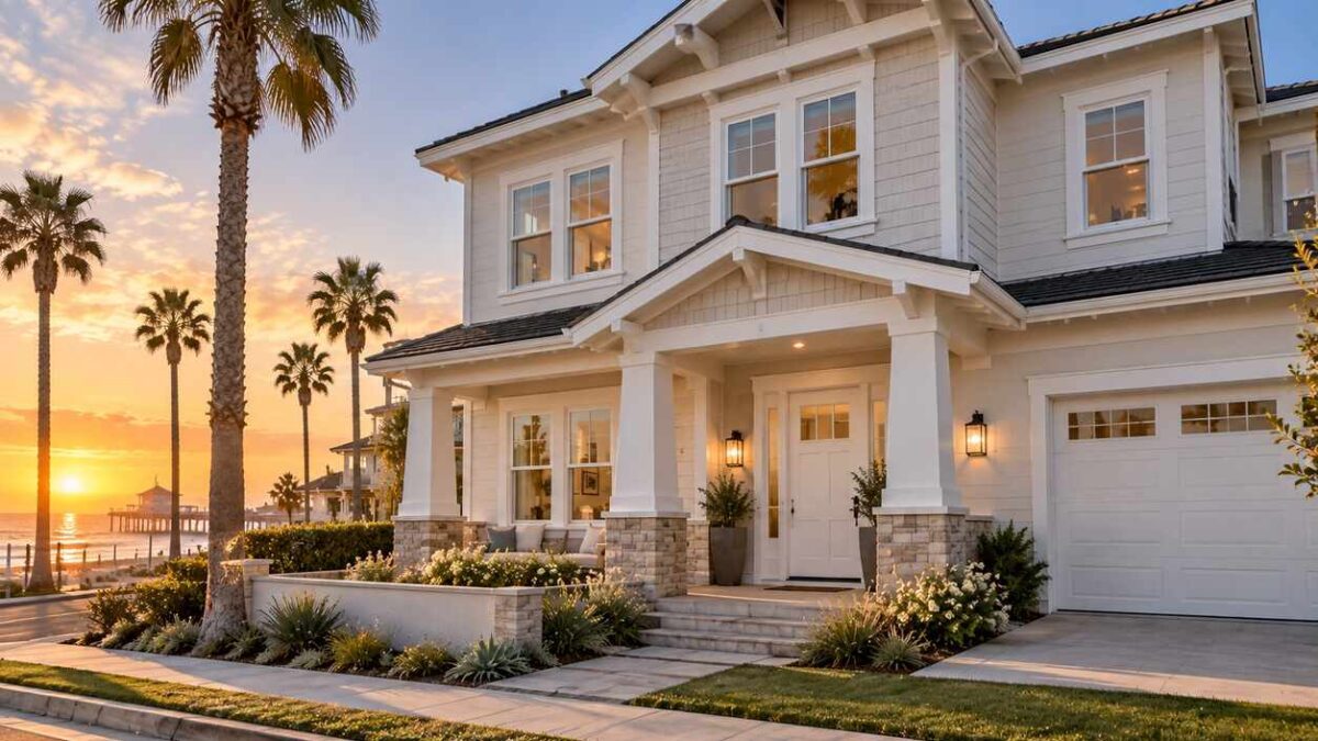 Coastal home featuring white Huntington Beach, CA windows with classic frames near the ocean at sunset