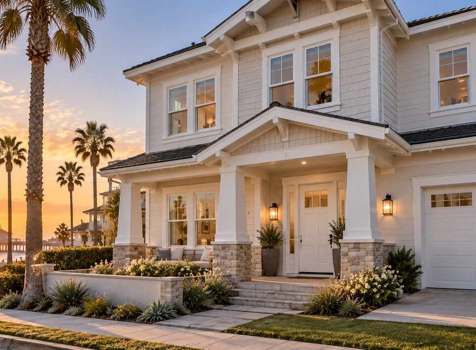 Coastal home featuring white Huntington Beach, CA windows with classic frames near the ocean at sunset