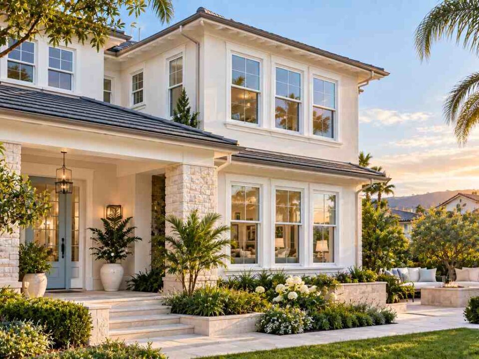 Contemporary California home featuring white Irvine, CA windows surrounded by lush landscaping