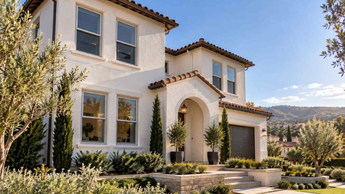 Mediterranean-style home featuring modern Irvine, CA windows with white frames and landscaped surroundings