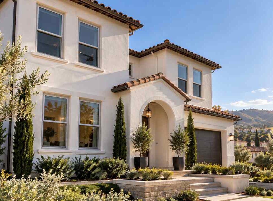 Mediterranean-style home featuring modern Irvine, CA windows with white frames and landscaped surroundings