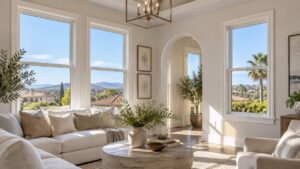 Sunlit living room featuring large white Irvine, CA windows with views of a Southern California neighborhood