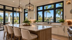 Bright coastal kitchen featuring large black-framed windows overlooking palm trees and waterfront homes